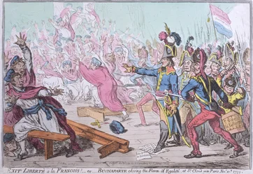 Exit Liberte a la Francois! oder Buonaparte schließt die Farce der Egalite in St. Cloud bei Paris, veröffentlicht von Hannah Humphrey 1799